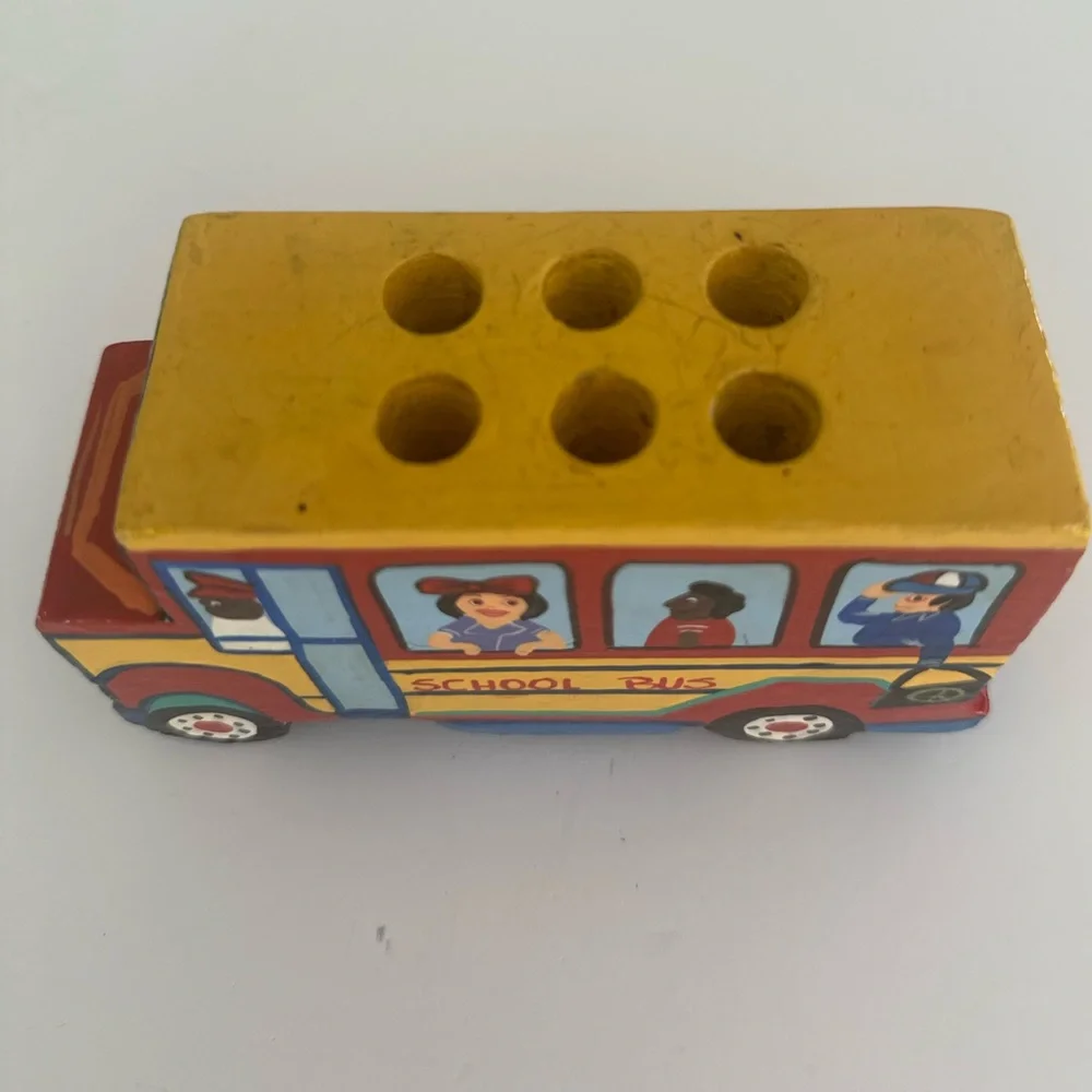Colorful Wooden School Bus Pencil Holder
